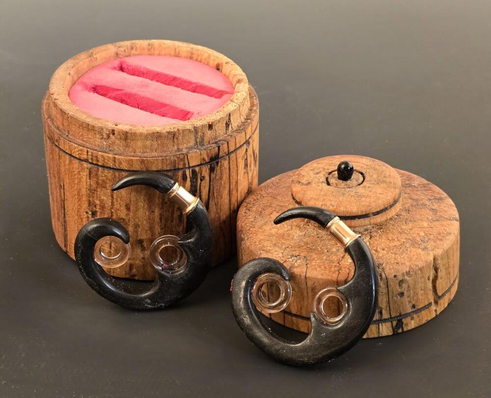 Ebonized cherry earrings with glass rings- spalted wormy maple box (commission)