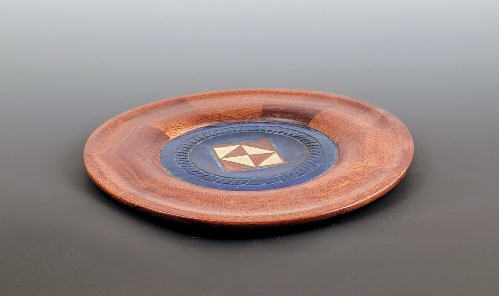 Plate with wood enlay & blue dye. Walnut & poplar.